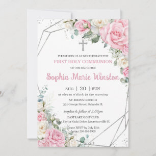 Invitación Plata floral rosa y blanca en primera comunión sag