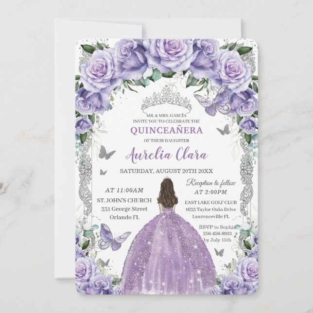 Invitación Plata floral Rosas púrpura de la Princesa Quinceañ (Anverso)