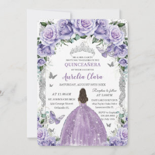 Invitación Plata floral Rosas púrpura de la Princesa Quinceañ