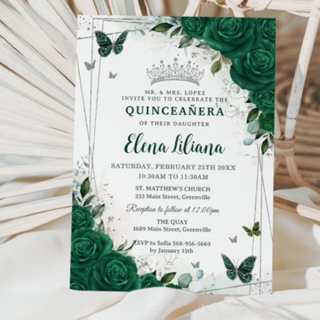 Invitación Plata floral verde esmeralda Quinceañera dulce 16 (Subido por el creador)