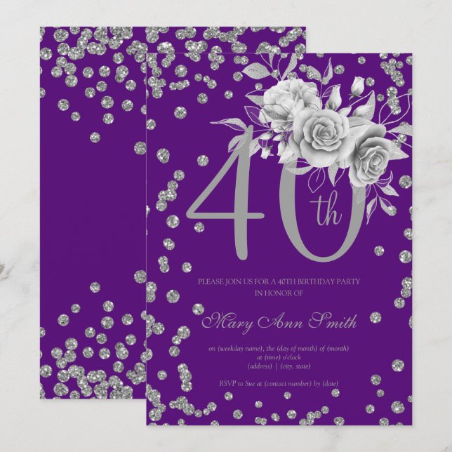 Invitación Plata Floral y Confetti 40 cumpleaños morado (Anverso / Reverso)