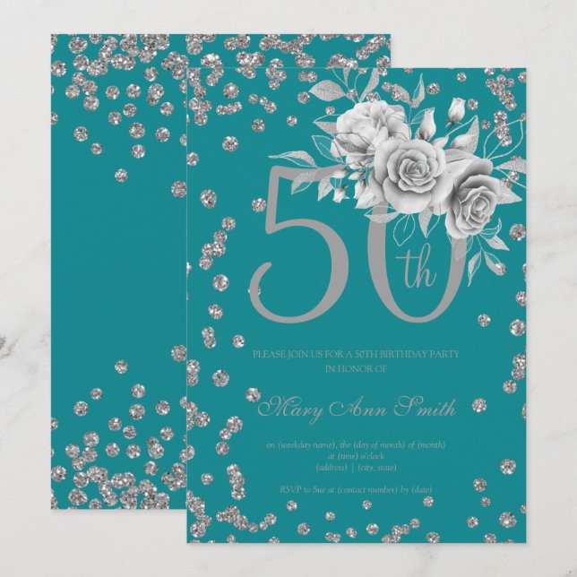Invitación Plata Floral y Confetti 50 cumpleaños Verde azulad (Anverso / Reverso)