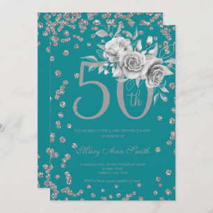Invitación Plata Floral y Confetti 50 cumpleaños Verde azulad