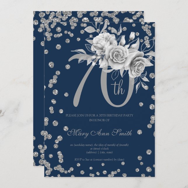 Invitación Plata Floral y Confetti 70.ª Marina del Partido de (Anverso / Reverso)