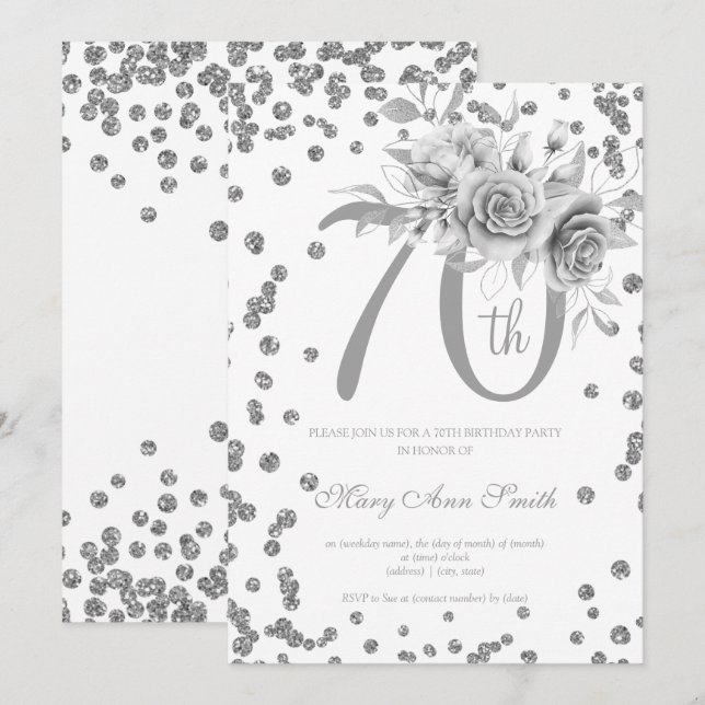 Invitación Plata Floral y Confetti 70 cumpleaños (Anverso / Reverso)