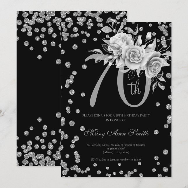 Invitación Plata Floral y Confetti 70 cumpleaños negro (Anverso / Reverso)