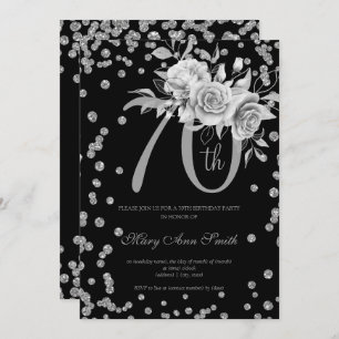 Invitación Plata Floral y Confetti 70 cumpleaños negro