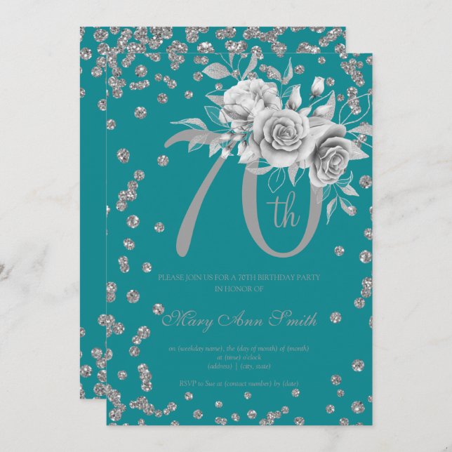 Invitación Plata Floral y Confetti 70 cumpleaños Verde azulad (Anverso / Reverso)