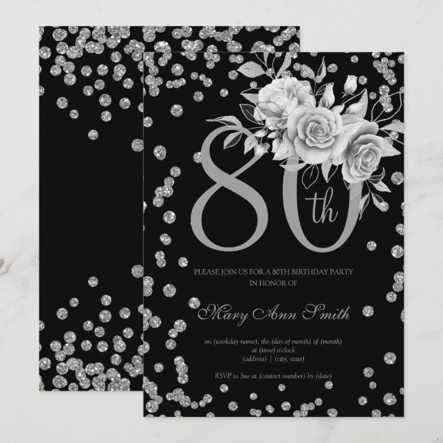 Invitación Plata Floral y Confetti 80 cumpleaños fiesta negro (Anverso / Reverso)