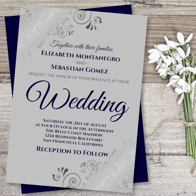Invitación Plata frita azul marino sobre Boda gris (Subido por el creador)