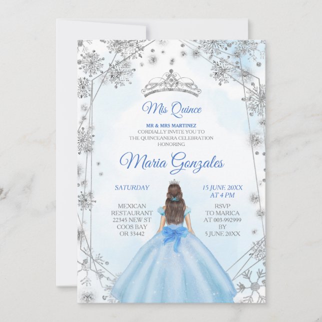 Invitación Plata Geométrica Azul Mexicano Dulce Quinto Cumple (Anverso)