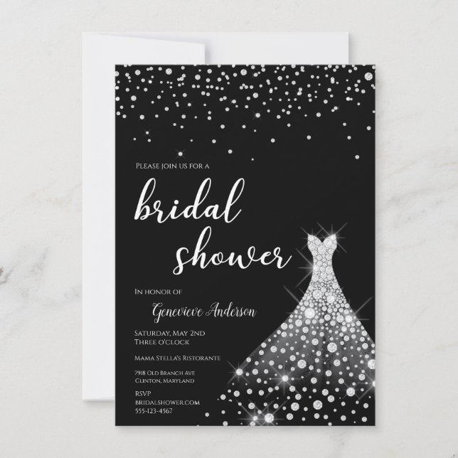 Invitación Plata glamorosa en ducha de novia negra (Anverso)