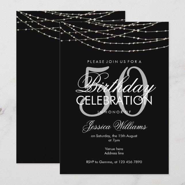 Invitación Plata Glamorosa Luces 50 cumpleaños (Anverso / Reverso)