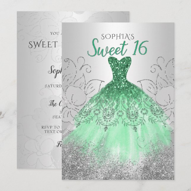 Invitación Plata Green Sparkle Vestido dulce de 16 años (Anverso / Reverso)