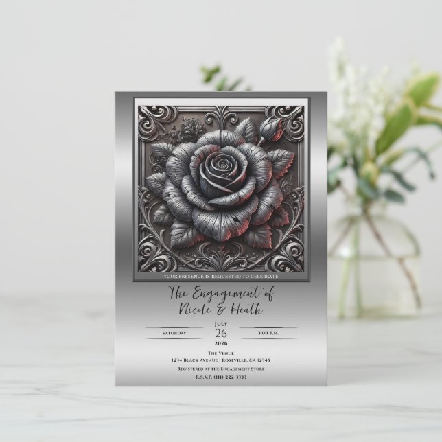 Invitación Plata Gris y Rosa Negra Elegante Compromiso Gótico (Anverso de pie)
