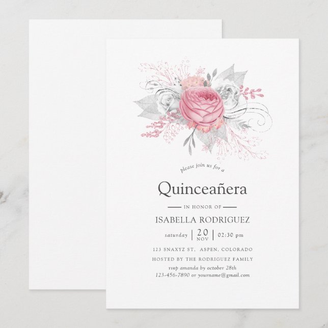 Invitación Plata iridiscente y floral rosa Quinceañera (Anverso / Reverso)