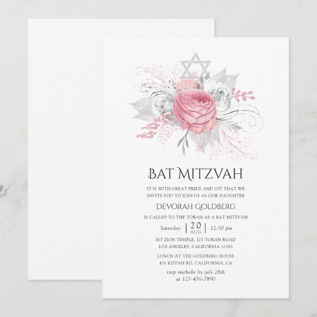 Invitación Plata irlandesa y bata floral rosa Mitzvah (Anverso / Reverso)