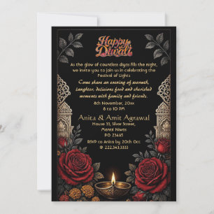 Invitación Plata Jaipur Jharokha Deepak Rosas Carmesí Diwali