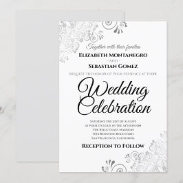 Invitación Plata Lacy Floral Filigree Simple Elegante Boda