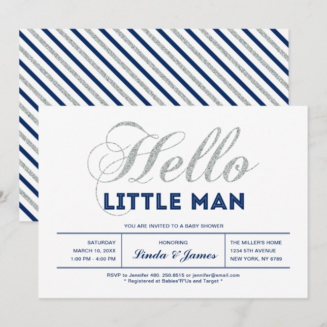 Invitación Plata, Marina | Moderna Typography Boy Baby Shower (Anverso / Reverso)