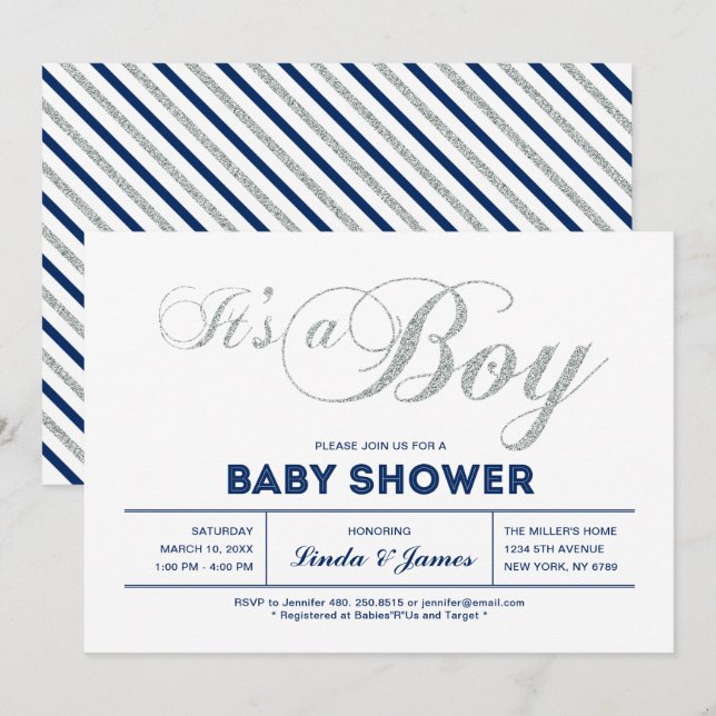 Invitación Plata, Marina | Moderna Typography Boy Baby Shower (Anverso / Reverso)