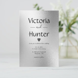 Invitación Plata Metálica Corazón Moderno y Elegante Boda