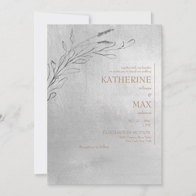 Invitación Plata metálica y oro sin padres Boda de follaje (Anverso)
