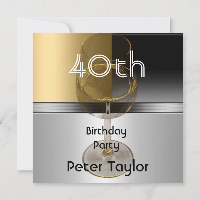 Invitación Plata Metalizado de oro hombres 40 cumpleaños (Anverso)