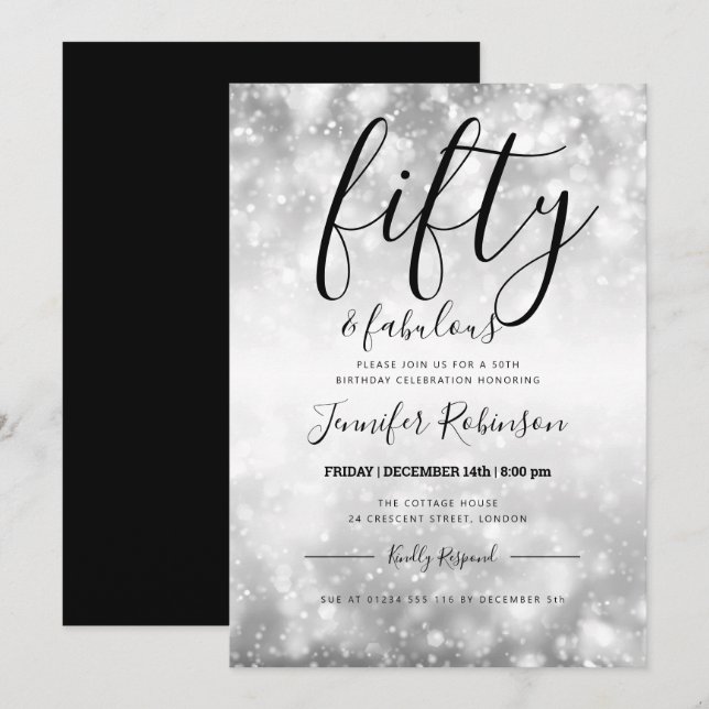 Invitación Plata Moderna Cincuenta y Fabuloso cumpleaños núme (Anverso / Reverso)