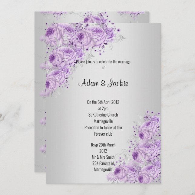 Invitación Plata moderna Lilac Púrpura Floral ELEGANTE BODA (Anverso / Reverso)