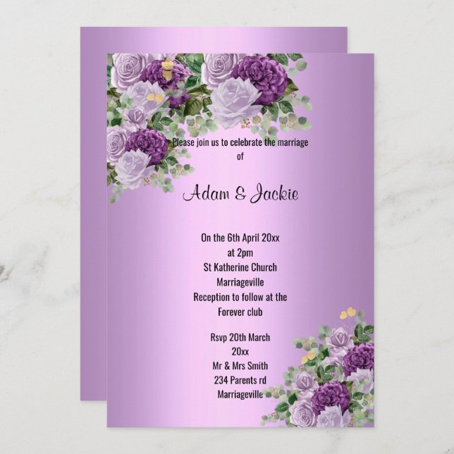 Invitación Plata moderna Lilac Púrpura Floral ELEGANTE BODA (Anverso / Reverso)