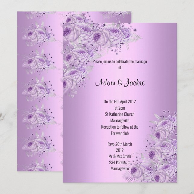 Invitación Plata moderna Lilac Púrpura Floral ELEGANTE BODA (Anverso / Reverso)