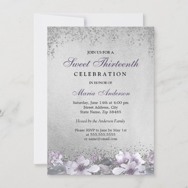 Invitación Plata morada Floral Shimmer Sweet 13 Invite (Anverso)