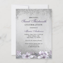Invitación Plata morada Floral Shimmer Sweet 13 Invite