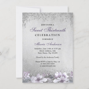 Invitación Plata morada Floral Shimmer Sweet 13 Invite