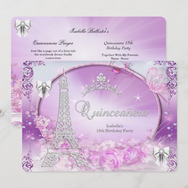 Invitación Plata morada mágica de la princesa Quinceanera (Anverso / Reverso)