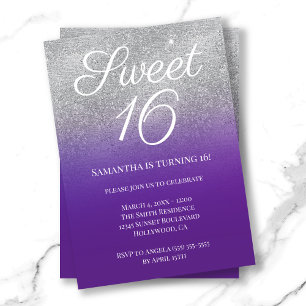Invitación Plata morada real Ombre Purpurina dulce 16