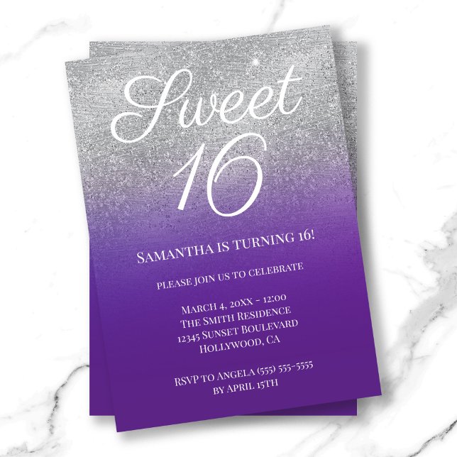 Invitación Plata morada real Ombre Purpurina dulce 16 (Royal Purple Silver Ombre Glitter Sweet 16 Invitation)