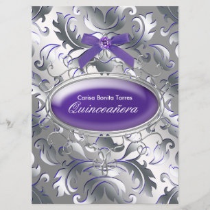 Invitación Plata Morado Damasco Elegante Quinceañera Morada