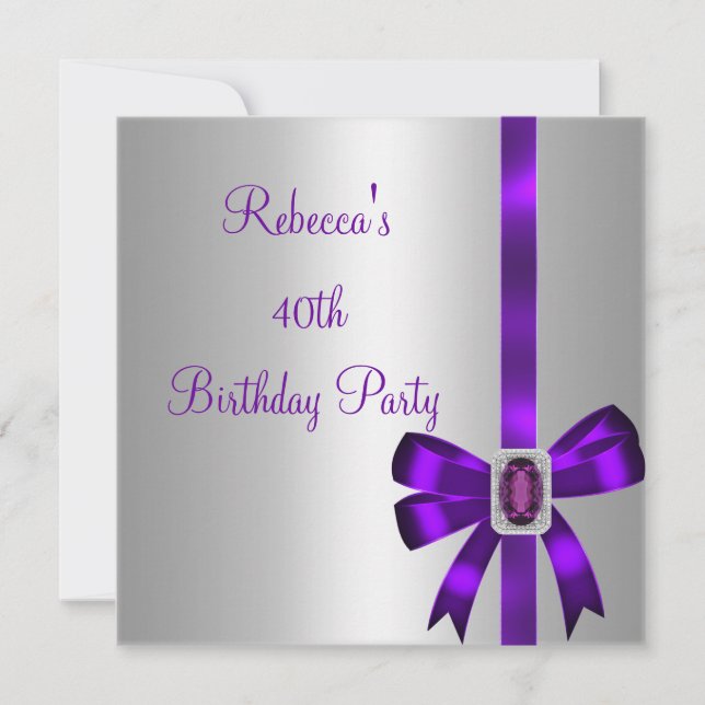 Invitación Plata Morado Jewel Bow 40 cumpleaños elegante (Anverso)