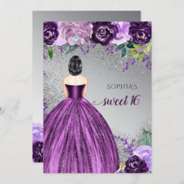 Invitación Plata Morado Sparkle Vestido Dulce 16 cumpleaños I