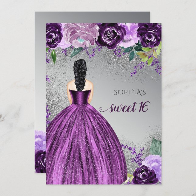 Invitación Plata Morado Sparkle Vestido Dulce 16 cumpleaños I (Anverso / Reverso)