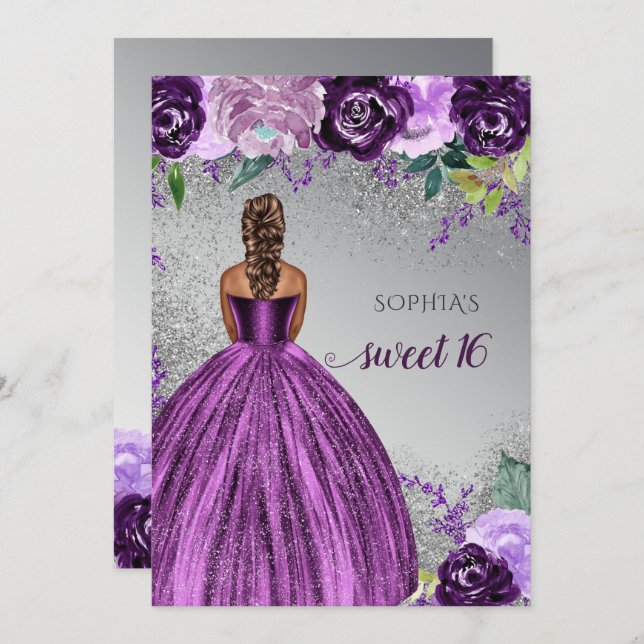 Invitación Plata Morado Sparkle Vestido Dulce 16 cumpleaños I (Anverso / Reverso)