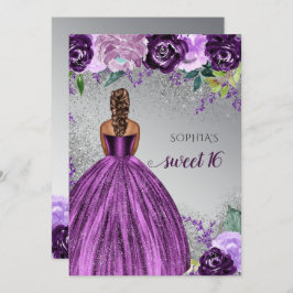 Invitación Plata Morado Sparkle Vestido Dulce 16 cumpleaños I