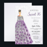 Invitación Plata Morado Sparkle Vestido Dulce 16 cumpleaños I<br><div class="desc">Invitación de cumpleaños con vestido de espuma morado plateado</div>