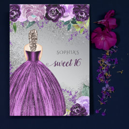 Invitación Plata Morado Sparkle Vestido Dulce 16 cumpleaños I