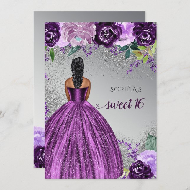 Invitación Plata Morado Sparkle Vestido Dulce 16 cumpleaños I (Anverso / Reverso)