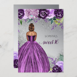 Invitación Plata Morado Sparkle Vestido dulce de 16 años