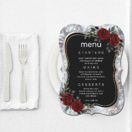 Invitación Plata Negra Menú Floral Gótica Verde Rojo