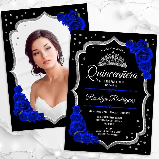 Invitación Plata Negra Real Foto Azul Quinceanera (Subido por el creador)